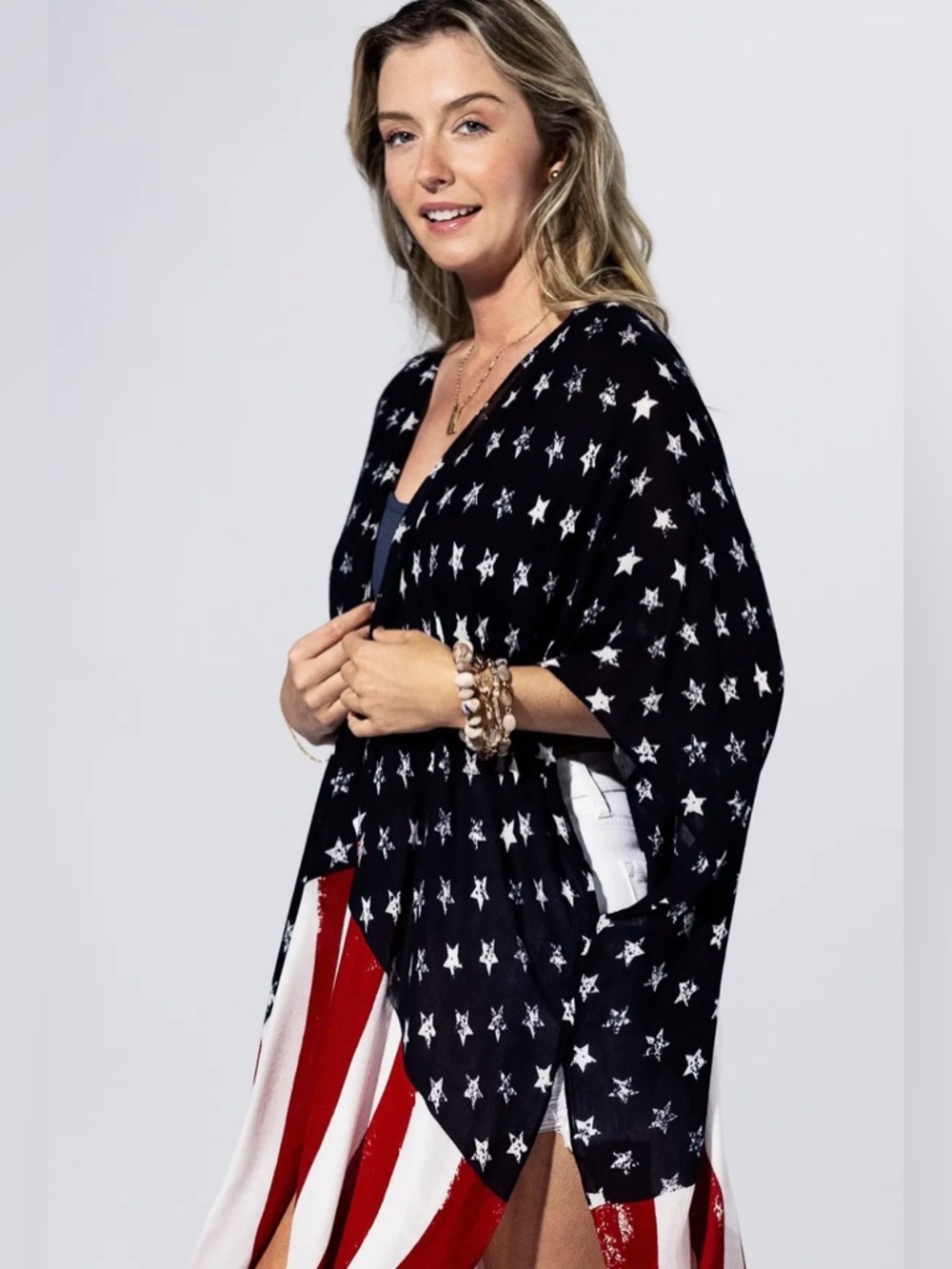 Patriotic American Flag Swim Cover-Up Kimono Navy, Red & White - Picture 2 of 4